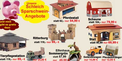 Den Schleich Pferdestall f&uuml;r nur 54,90 &euro;,die Schleich Scheunef&uuml;r nur79,90 &euro;, die Schleich Ritterburg f&uuml;r nur 99,- &euro;, den Schleich Stall f&uuml;r nur 69,99 &euro;, die Schleich Tierpflegestation f&uuml;r nur 89,- &euro;, und das Schleich Elfenhaus Sommergr&uuml;n f&uuml;r nur 49,- &euro; finden Sie im Spielwaren-Fachgesch&auml;ft Gro&szlig;mann in Duingen zwischen Hannover und Holzminden, mitten im Dreieck von Hildesheim, Hameln und H&ouml;xter im Altkreis Alfeld/Leine